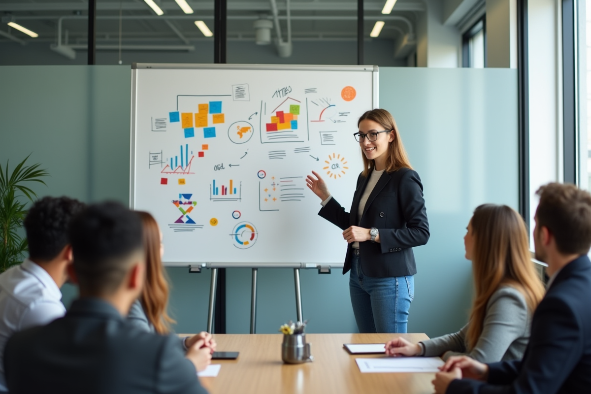 Jeune femme expliquant des idées devant un tableau blanc en réunion