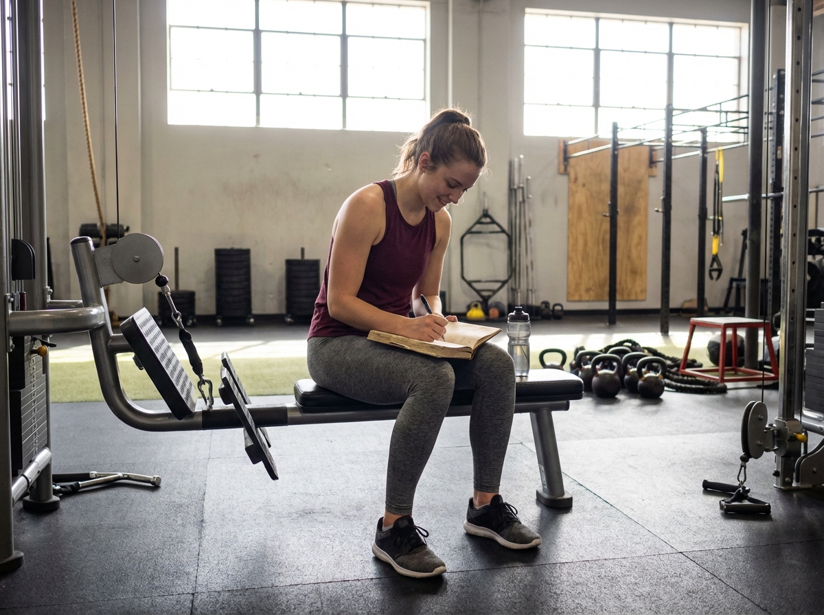 Femme notant ses progrès dans un journal de fitness