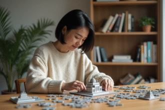 Femme assemble un puzzle 3D d'un monument célèbre