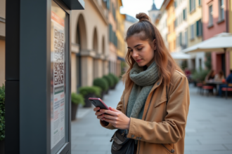 Jeune femme avec smartphone scanne un QR code en ville