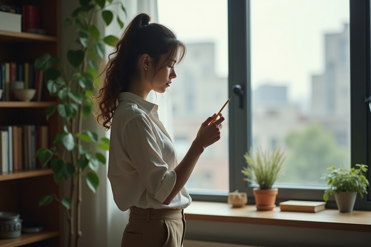Femme perdue dans ses pensées près de la fenêtre urbaine