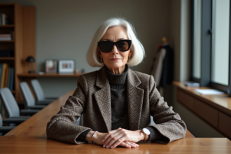Femme élégante en coat dans un bureau moderne