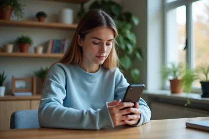 Jeune femme utilisant son smartphone dans un appartement cosy