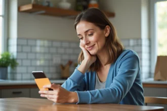 Femme avec carte de fidelite Carrefour dans une cuisine lumineuse
