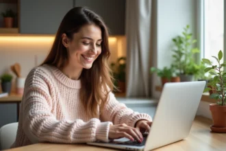 Femme souriante créant un GIF d'anniversaire personnalisé à la maison