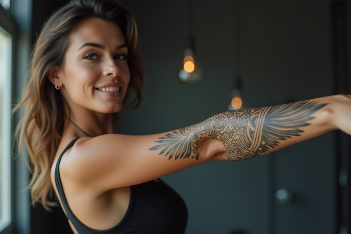 Femme confiante dans un studio moderne avec tatouage géométrique sur le bras