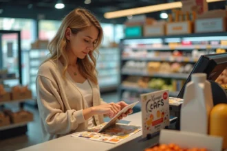 Femme d'âge moyen collant un autocollant dans un livret en supermarché