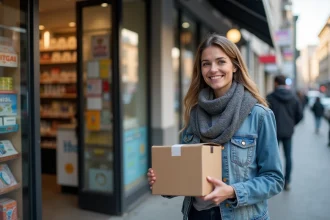 Femme en denim récupérant un colis en ville