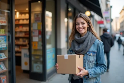Femme en denim récupérant un colis en ville