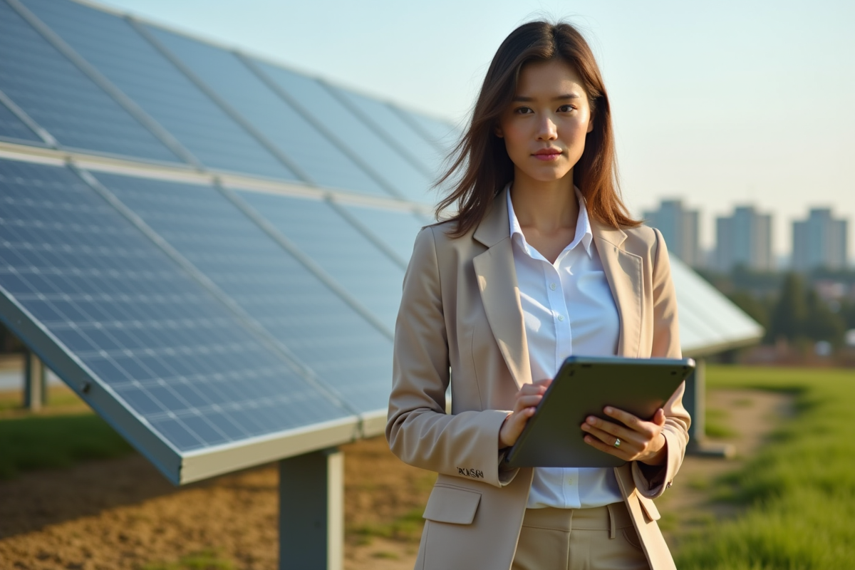 Jeune femme avec tablette devant installation solaire urbaine