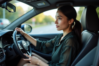 Femme en voiture vérifiant le tableau de bord