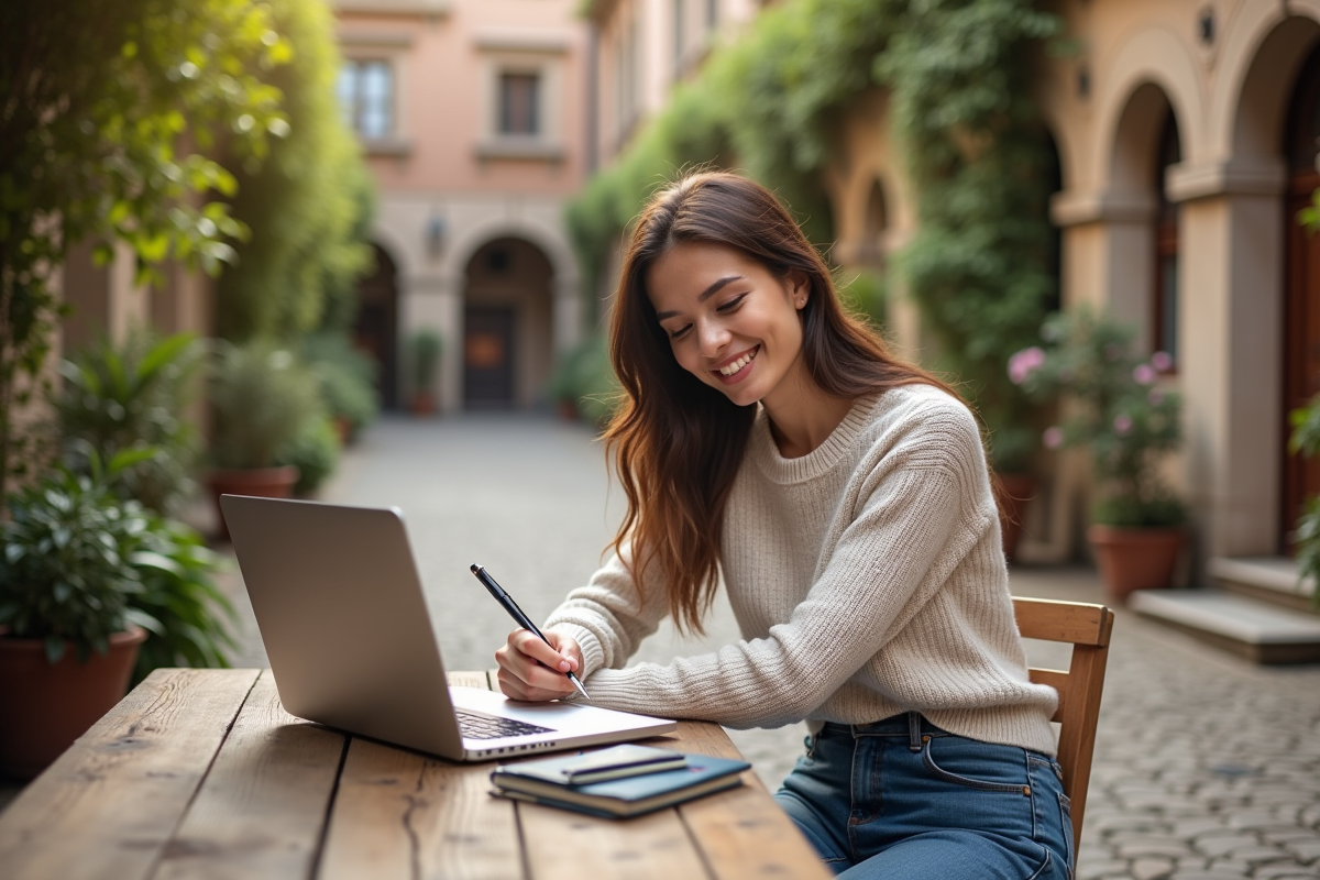 Jeune femme voyageant dans une cour ensoleillee avec carnet