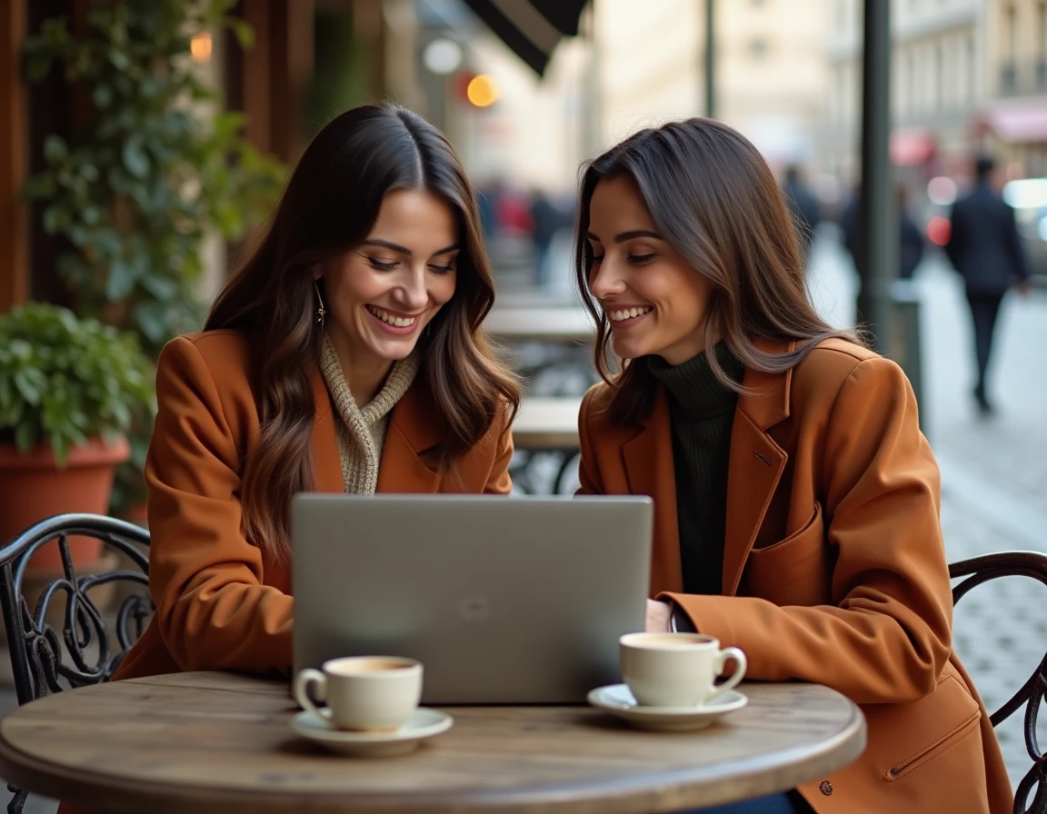 Deux créatrices de contenu analysant les performances de leurs Instagram Stories sur ordinateur portable dans un café parisien en plein air, stratégie de croissance et d'engagement