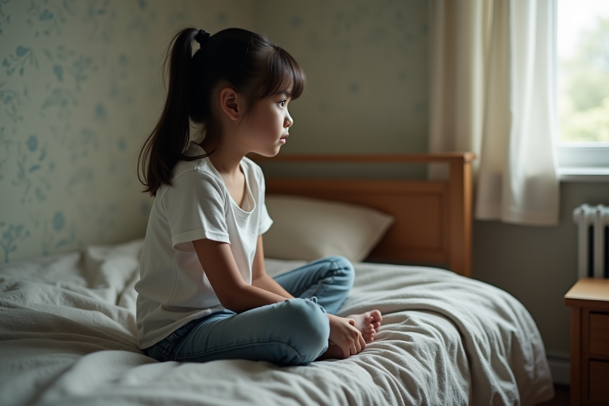 Fille de 12 ans assise sur son lit regardant par la fenêtre