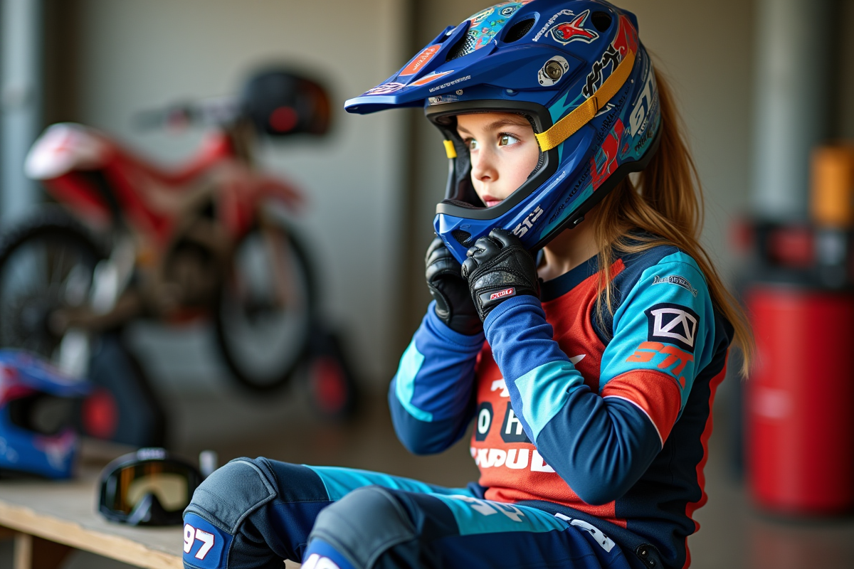 Fille vérifiant son casque motocross dans un garage moderne