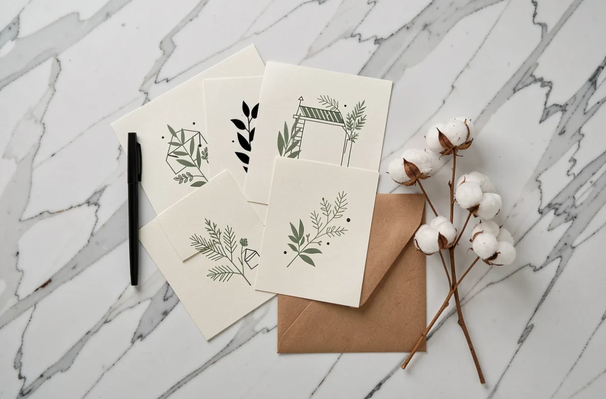Flat lay de cartes de Noël minimalistes imprimées sur marbre blanc avec enveloppe kraft et décoration naturelle