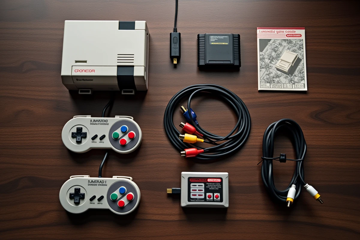 Vue aérienne flat lay d'une console rétro avec manettes, cartouches de jeux et câbles de connexion sur un bureau en bois sombre