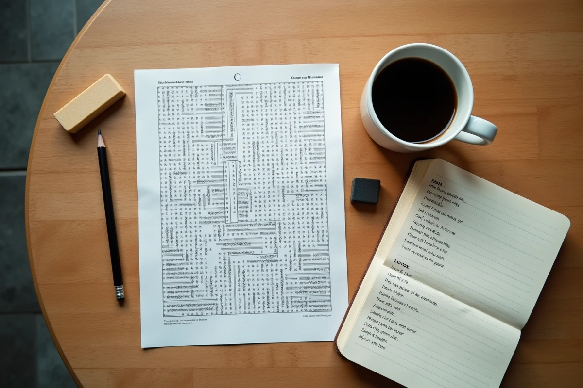 Vue de dessus d'une table avec une grille de mots croisés, un café et des notes manuscrites pour trouver le mot de passe Codycross