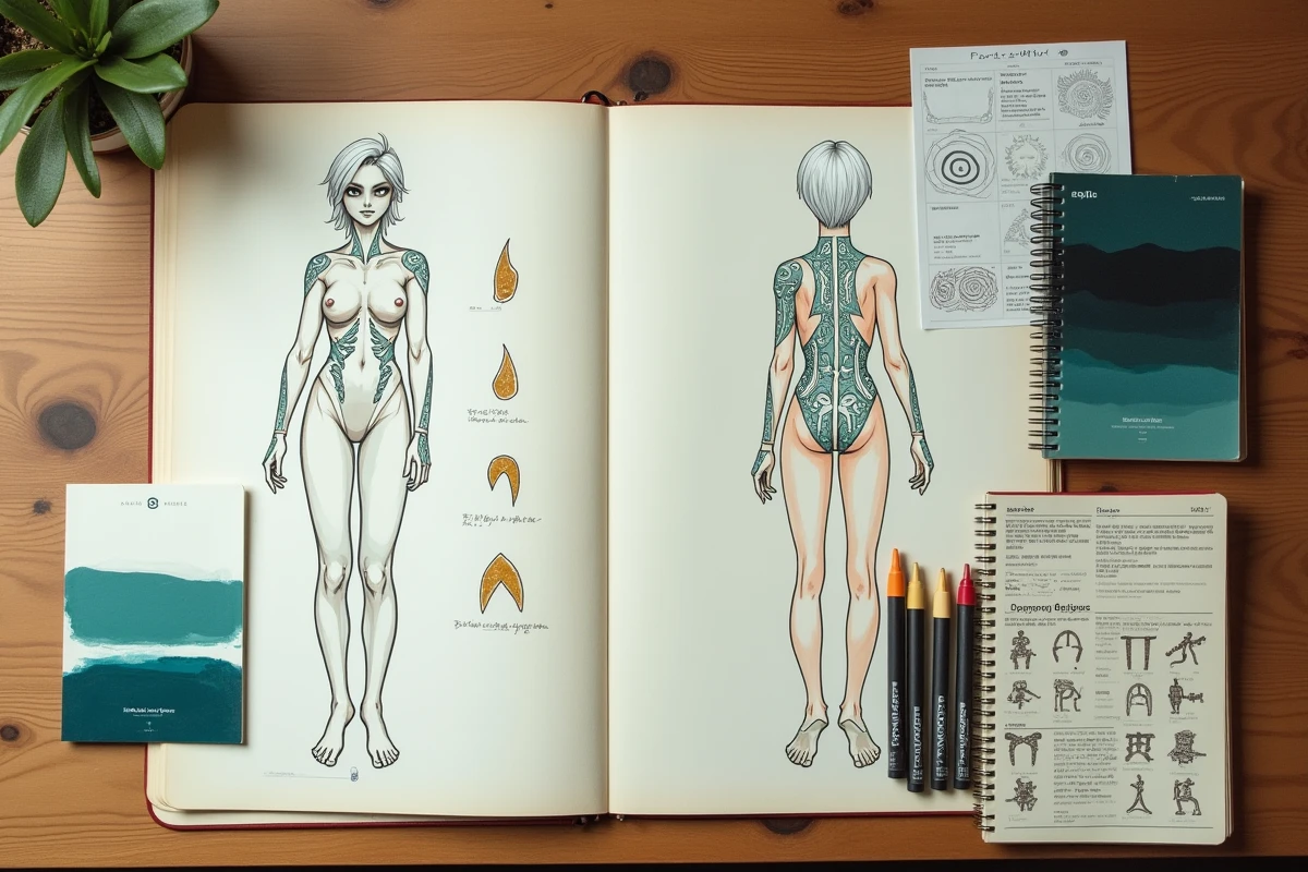 Flat-lay de processus de character design avec croquis anatomiques, palettes de couleurs sarcelle et or, et motifs symboliques inspirés du personnage Halibel