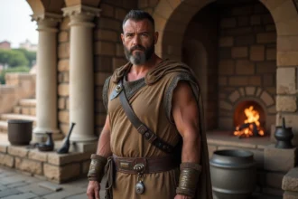 Homme d'âge moyen déguisé en Vulcain romain dans une forge antique