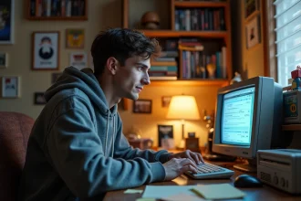 Jeune homme nostalgique devant un vieux forum internet imprimé sur son bureau rétro années 2000