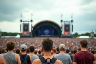 Vue panoramique de la foule massive au festival des Vieilles Charrues face à la scène principale