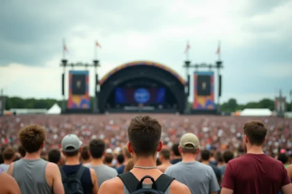Vue panoramique de la foule massive au festival des Vieilles Charrues face à la scène principale
