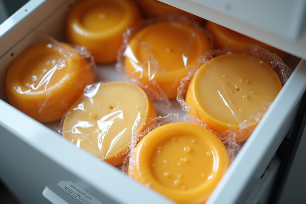 Différents fromages emballés dans un congélateur