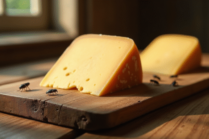 Table rustique avec fromage corsicain et insectes visibles