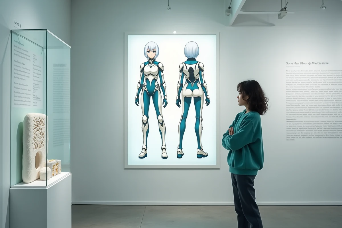 Visiteuse d'une galerie d'art contemporain observant une fiche de character design grandeur nature du personnage Halibel avec armure blanche et détails symboliques