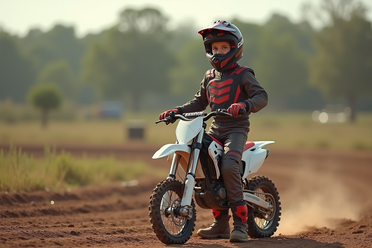 Jeune garçon en équipement motocross avec moto en extérieur