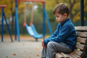 Garçon triste de 8 ans assis seul sur un banc d'école