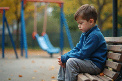 Garçon triste de 8 ans assis seul sur un banc d'école