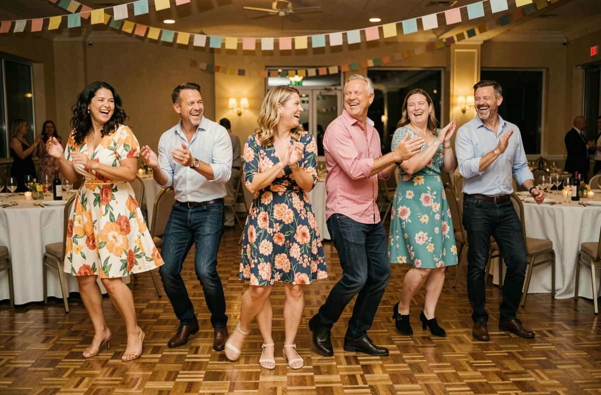 Groupe d'adultes dansant le madison en ligne synchronisée lors d'une soirée festive dans une salle de réception décorée