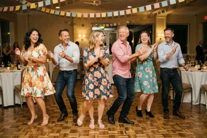 Groupe d'adultes dansant le madison en ligne synchronisée lors d'une soirée festive dans une salle de réception décorée