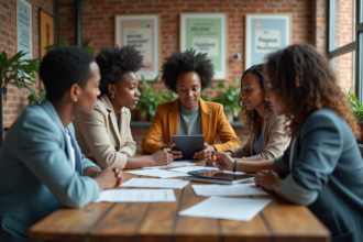 Groupe de personnes engagées autour d'une table en centre communautaire