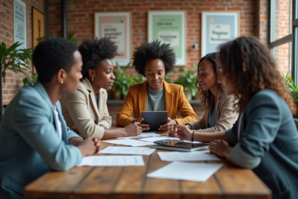 Groupe de personnes engagées autour d'une table en centre communautaire