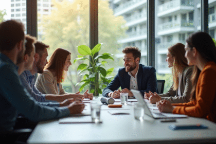 Groupe de professionnels collaborant dans un bureau lumineux