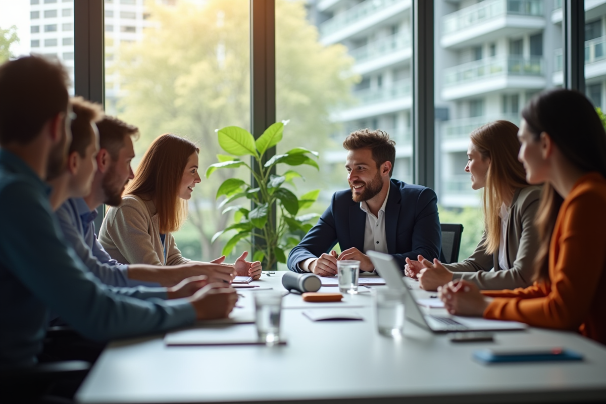 Groupe de professionnels collaborant dans un bureau lumineux