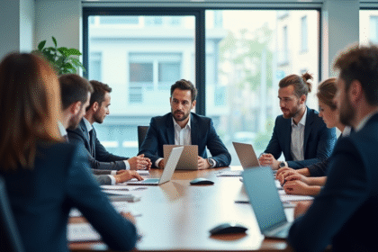 Groupe d'employes SNCF en reunion professionnelle