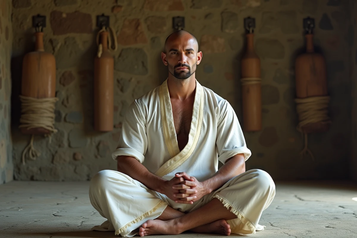 Combattant méditatif assis en tenue blanche dans une salle d'entraînement souterraine en pierre ancienne