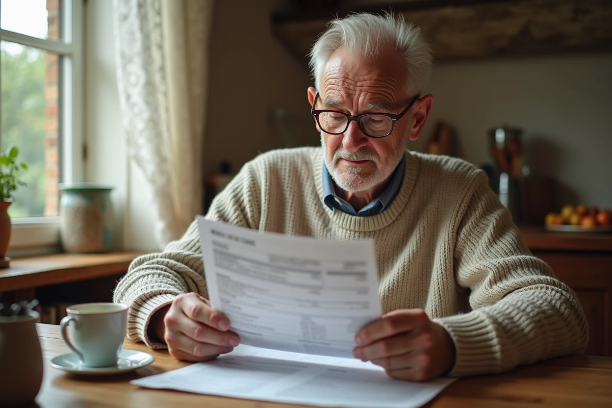 Habitant rural examinant sa facture d'énergie et une brochure de coopérative énergétique locale dans sa cuisine en pierre