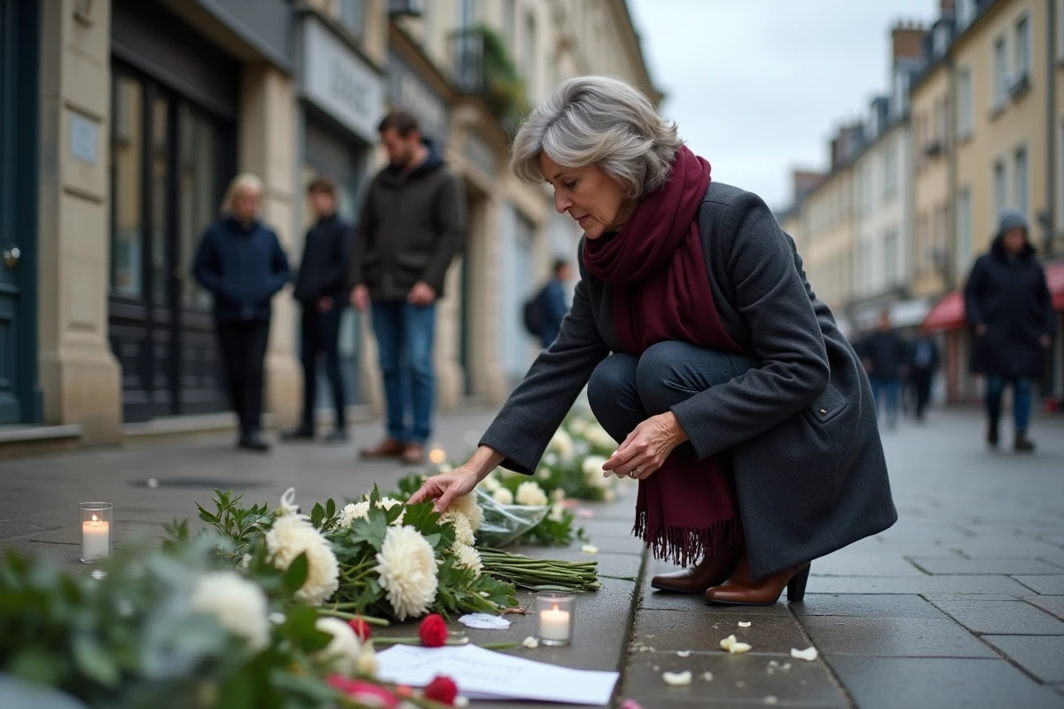 Une femme dépose des fleurs blanches sur un mémorial spontané dans une rue de Caen en hommage aux victimes d'un drame