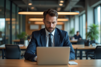 Homme d'affaires en costume au bureau moderne