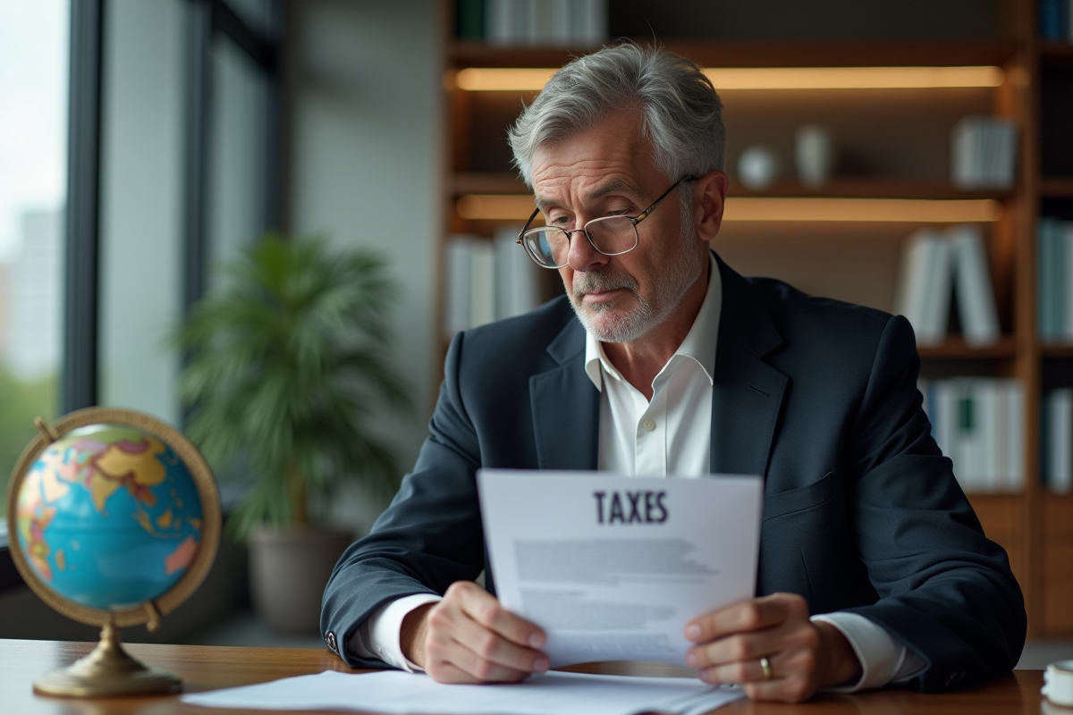Homme d'affaires avec documents et globe dans un bureau moderne