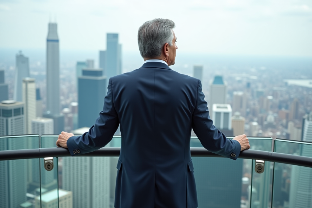 Homme d'affaires en costume dans une terrasse urbaine