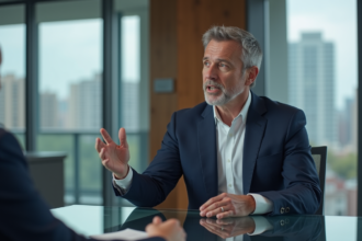 Homme d'affaires en costume dans une salle moderne