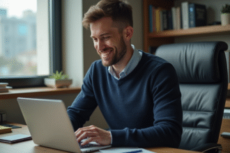 Homme en bureau à domicile utilisant un ordinateur portable