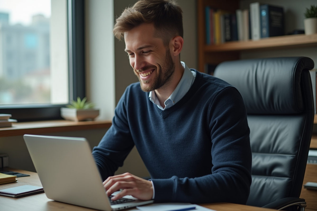 Homme en bureau à domicile utilisant un ordinateur portable