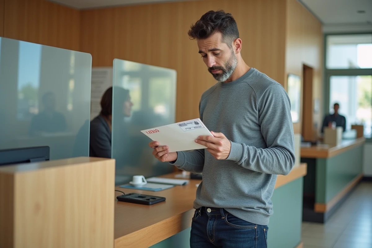 Homme examinant une enveloppe timbrée au comptoir d'un bureau de poste avec une expression interrogative